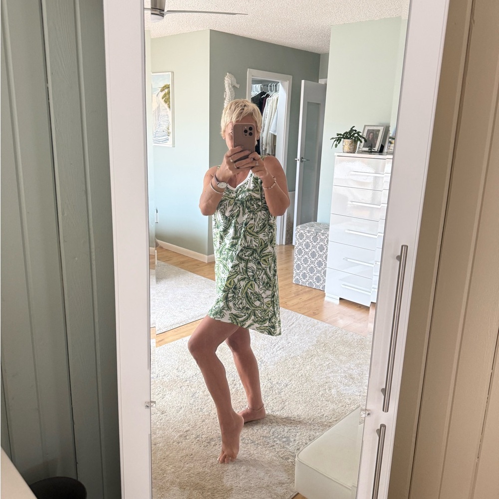 CAbi White and Green Leaf Pattern Top